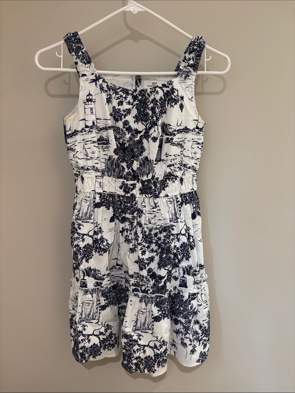 Vineyard Vines Girls Toile Print Sundress - White & Dark Navy; M (10-12)